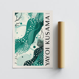 Black White and Green Poster with abstract aqua shapes beside a cardboard tube