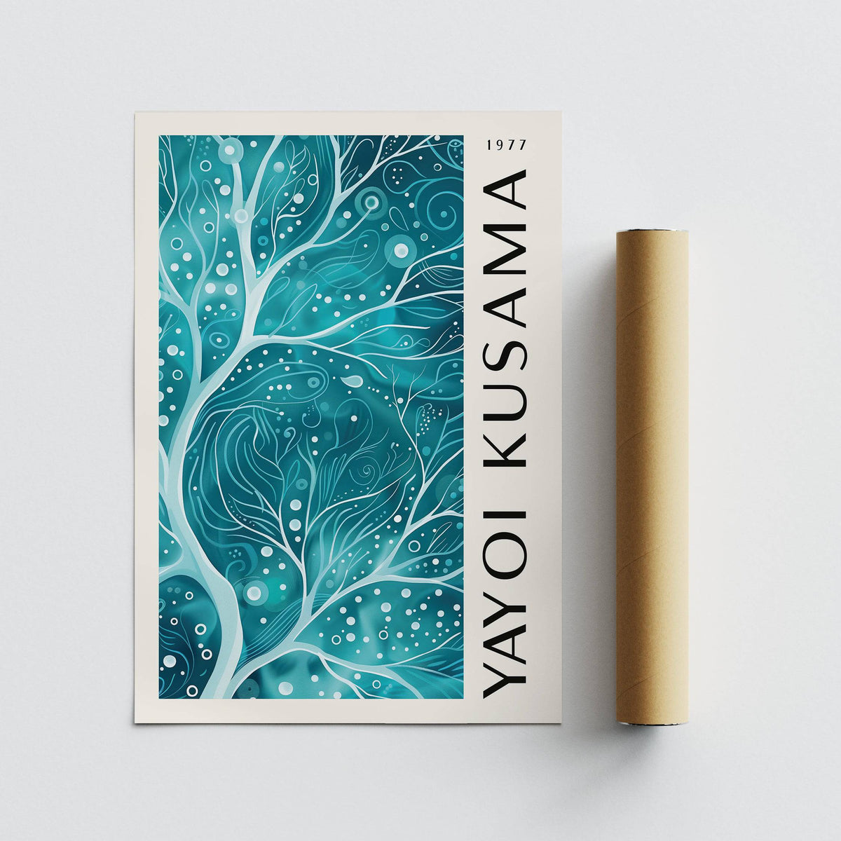 Teal colour wall art of abstract teal branches beside a packaging tube