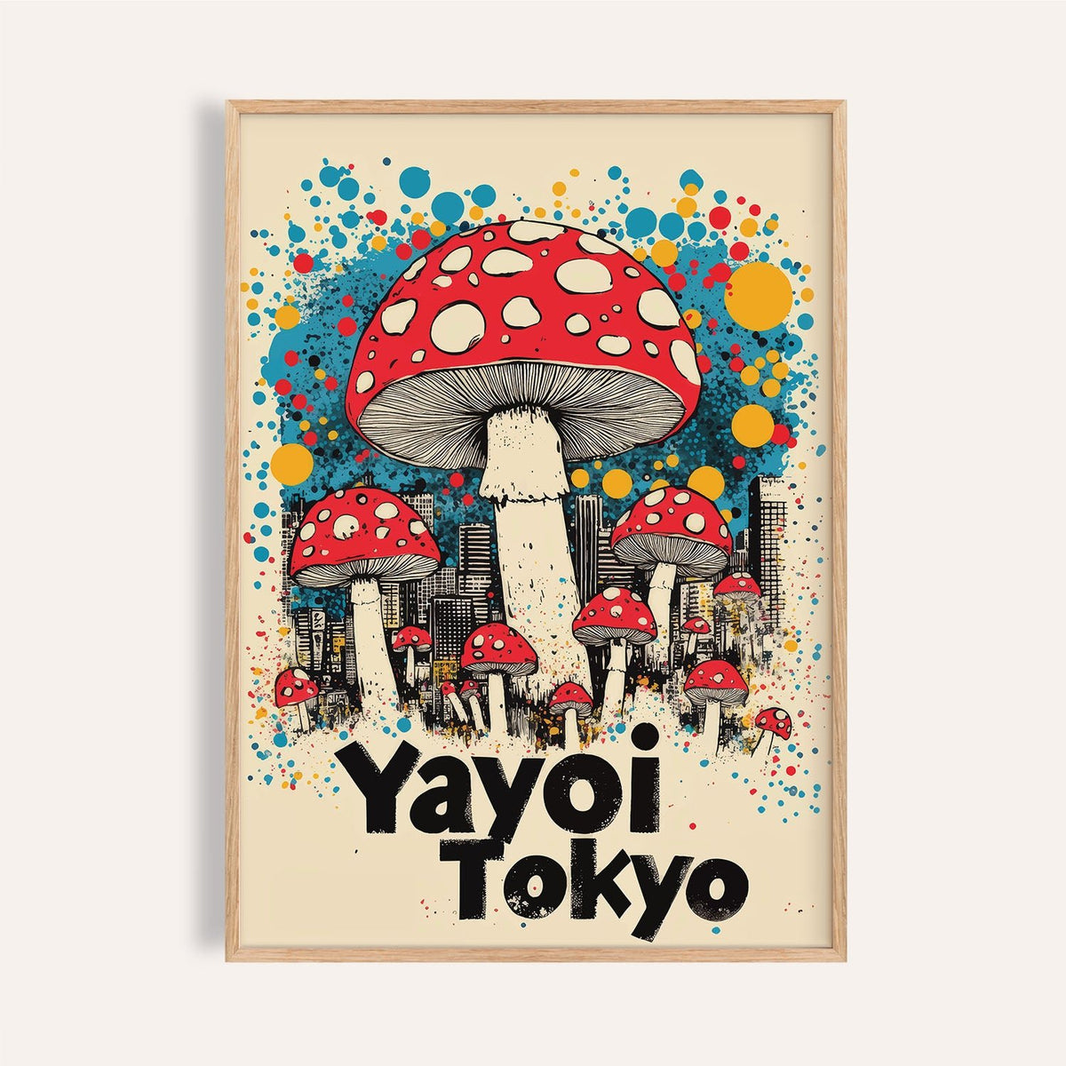 Japanese Vintage Prints wall art of red mushrooms with colourful blue and yellow dots