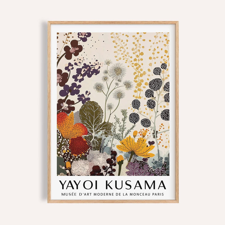 Framed print with botanical floral illustration in orange, purple and green tones