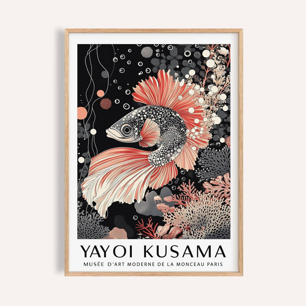 Asian wall art framed print of a koi fish illustration in coral and black colours
