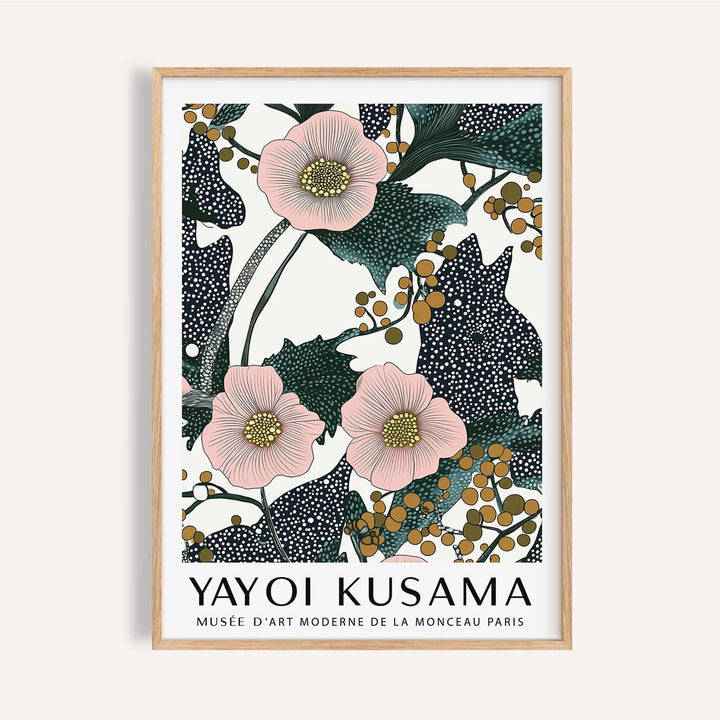 Framed print of pink flowers with berries in an illustration style