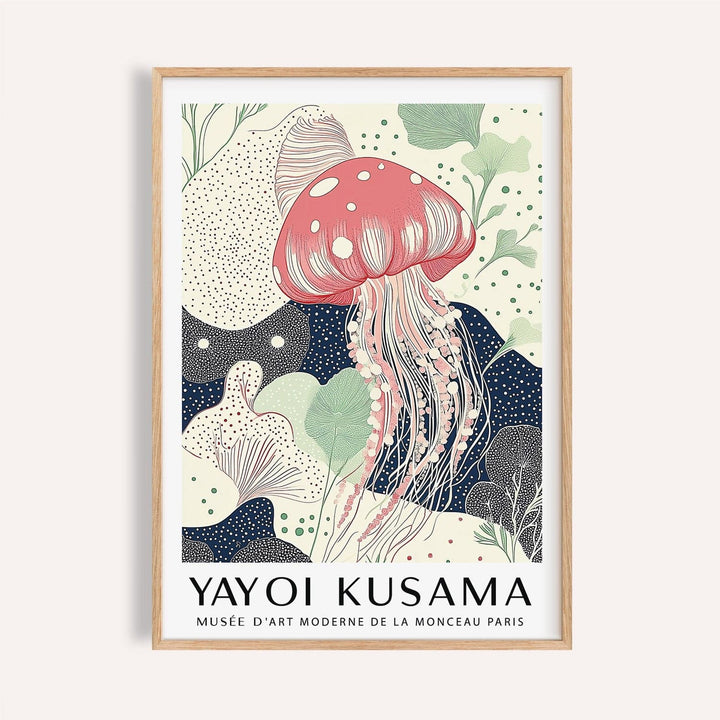 Unique Large Wall Art framed close-up of pink jellyfish illustration with green leaves on pale background