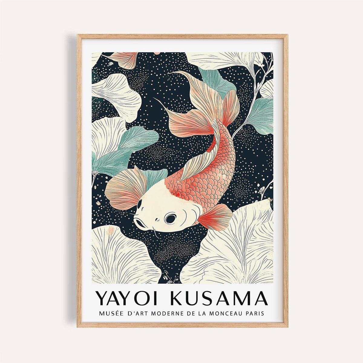 Koi Carp wall art close-up of an orange and white koi fish with botanical shapes on a dark background