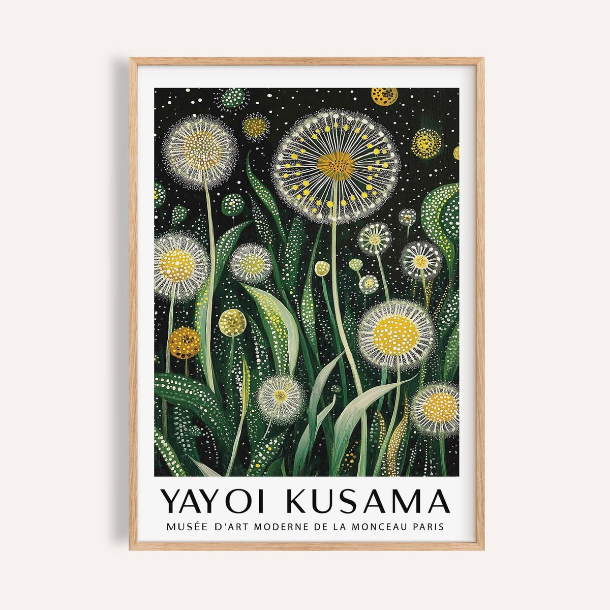 Framed floral wall art modern of dandelion flowers with green and yellow details on a black background