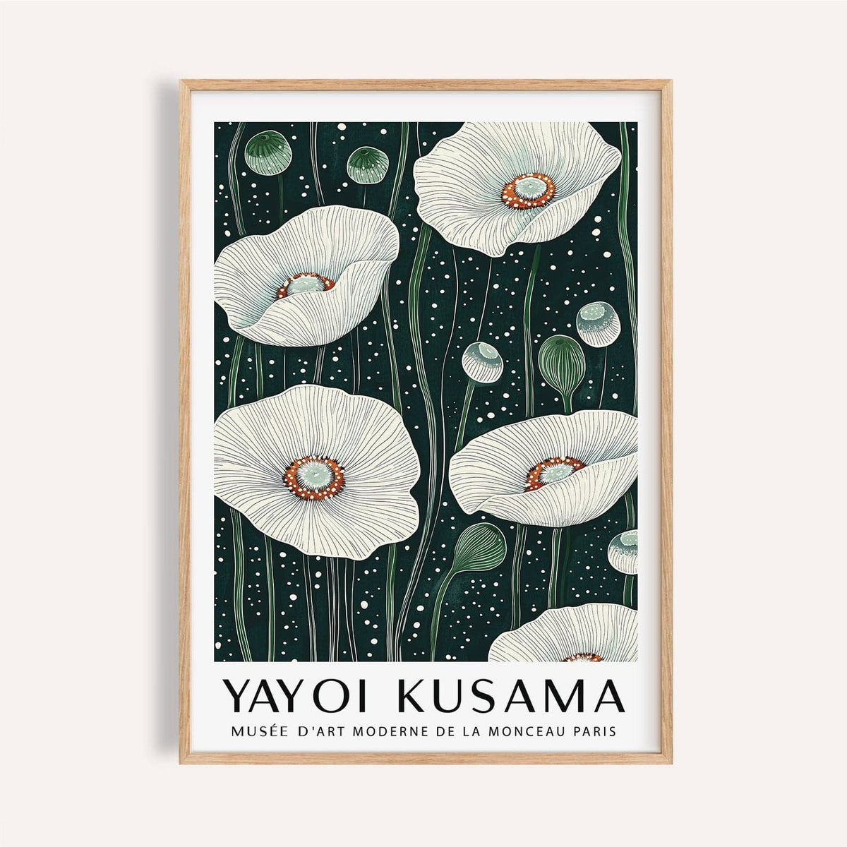 Poppy wall art showing white poppy flowers with detailed lines and dark green background