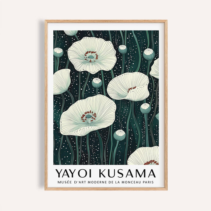 Poppy prints framed close-up showing white illustrated poppy flowers with dark green stems