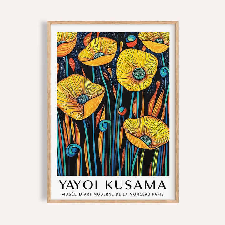 Close-up of poppies wall art with yellow flowers and colourful stems in a light wooden frame