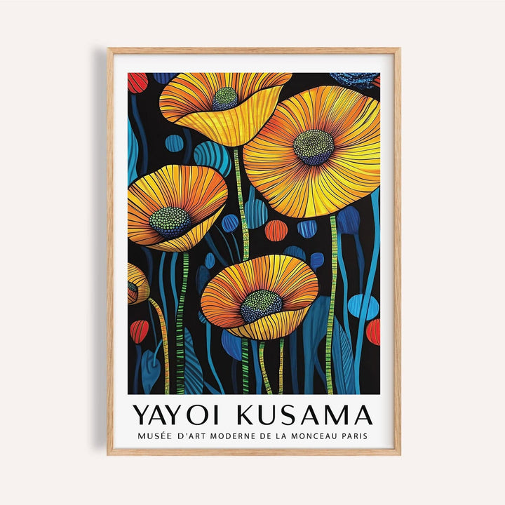 Framed print of yellow poppies with blue and red abstract shapes on a black background