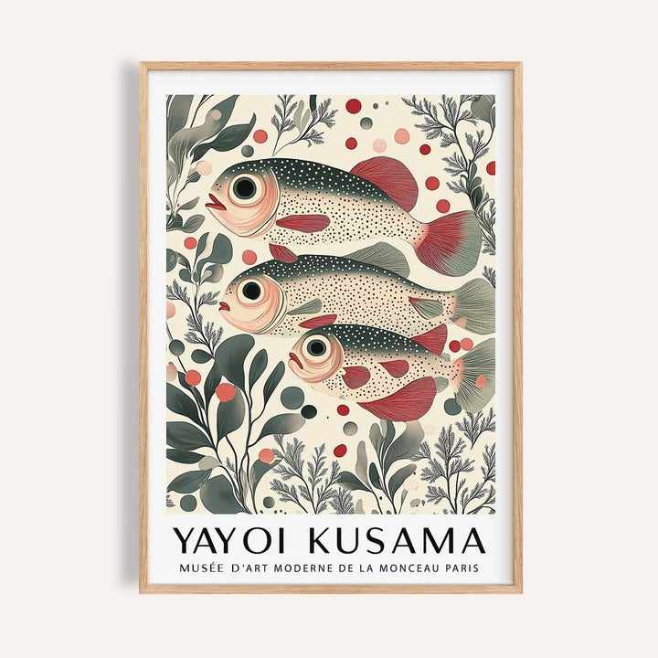 Framed print of a redfin fish trio with green botanical illustrations and red spots