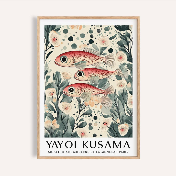 Fish artwork print of three red spotted fish with green and cream botanical elements in a wooden frame