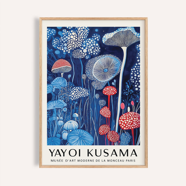 Framed Mushroom Print with red and blue dotted mushrooms and intricate gills detail