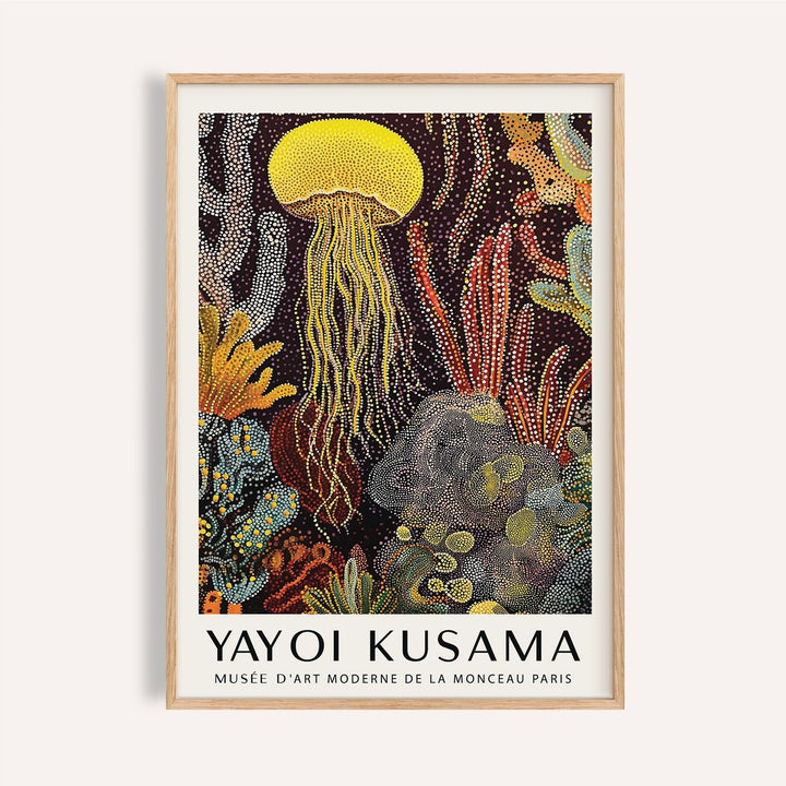Framed print featuring an abstract yellow jellyfish with polka-dot style on a dark background