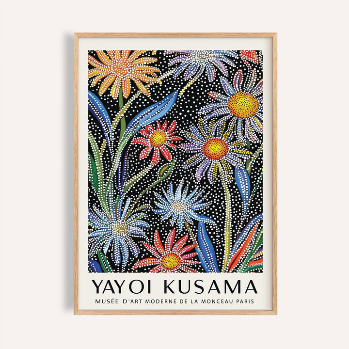 Framed Floral Pop Art print of daisies with colourful dot pattern on a black background