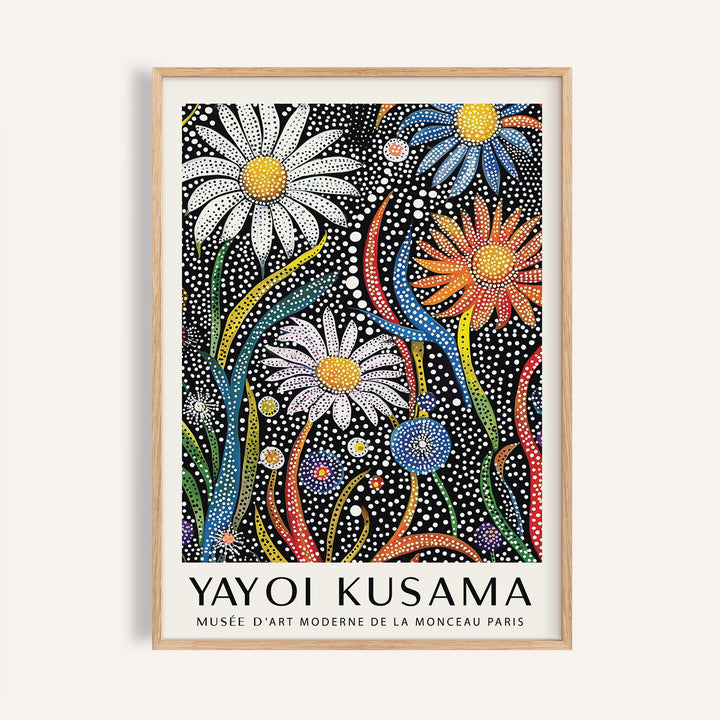 Framed Flower Print for Framing of pop-art polka dot flowers with white, blue and orange petals on black background