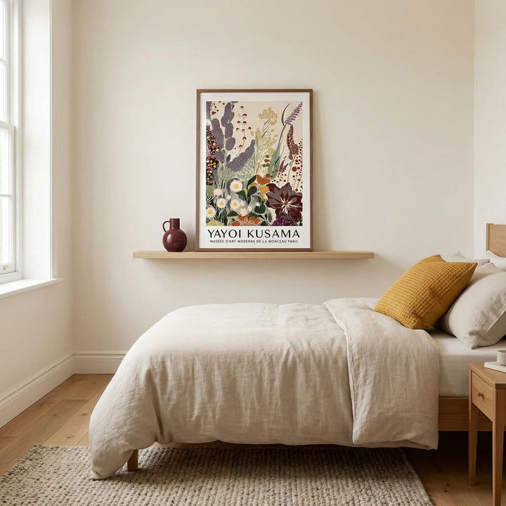 Bedroom with a bed, framed artwork on the wall, and a vase on a shelf.