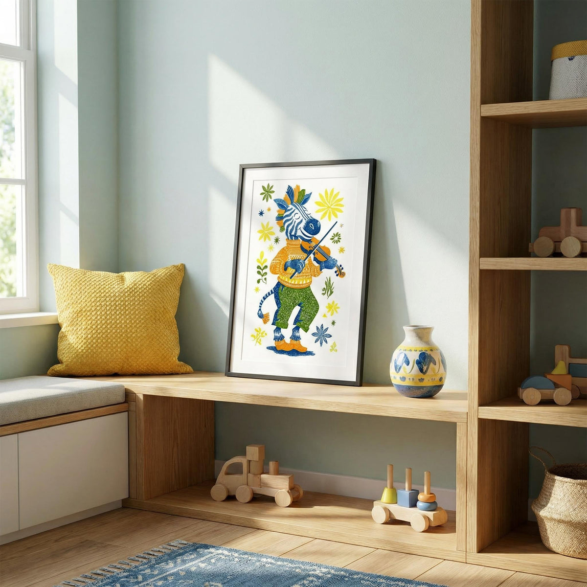 Print leaning on a shelf of a zebra playing violin in folk-art style with blue and yellow hues and a yellow cushion nearby