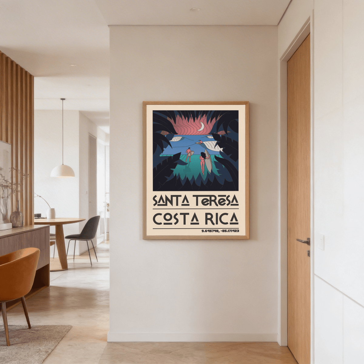 Costa Rica Surf Art wall art of surfers at beach in blue and pink tones in a hallway
