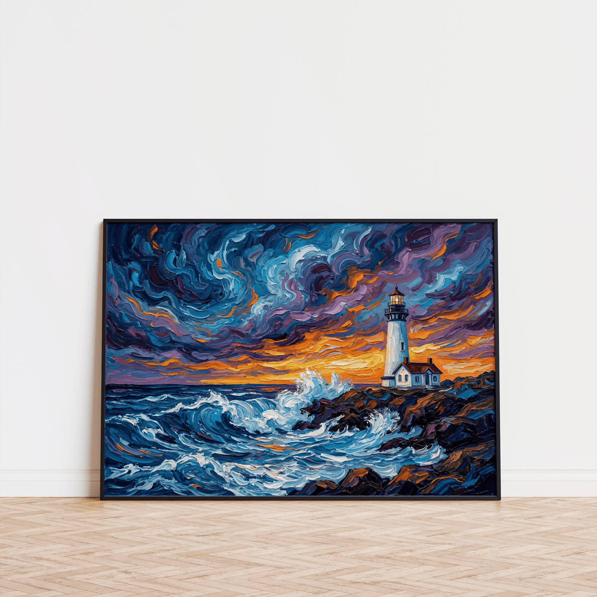 Ocean Landscape Print leaning on floor showing a lighthouse on a rocky coast with waves under a colourful sky