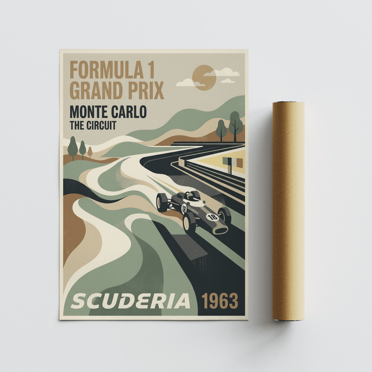 Vintage motorsport poster showing road perspective, car 18 at corner exit, and layered hill silhouettes