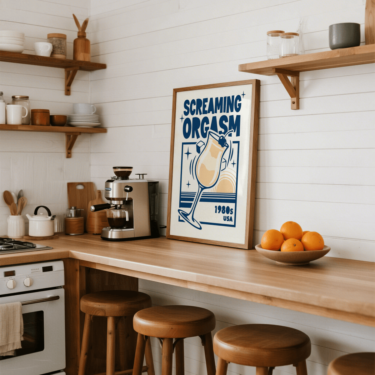 Retro cocktail poster of a screaming orgasm drink on a wooden kitchen counter next to a coffee machine