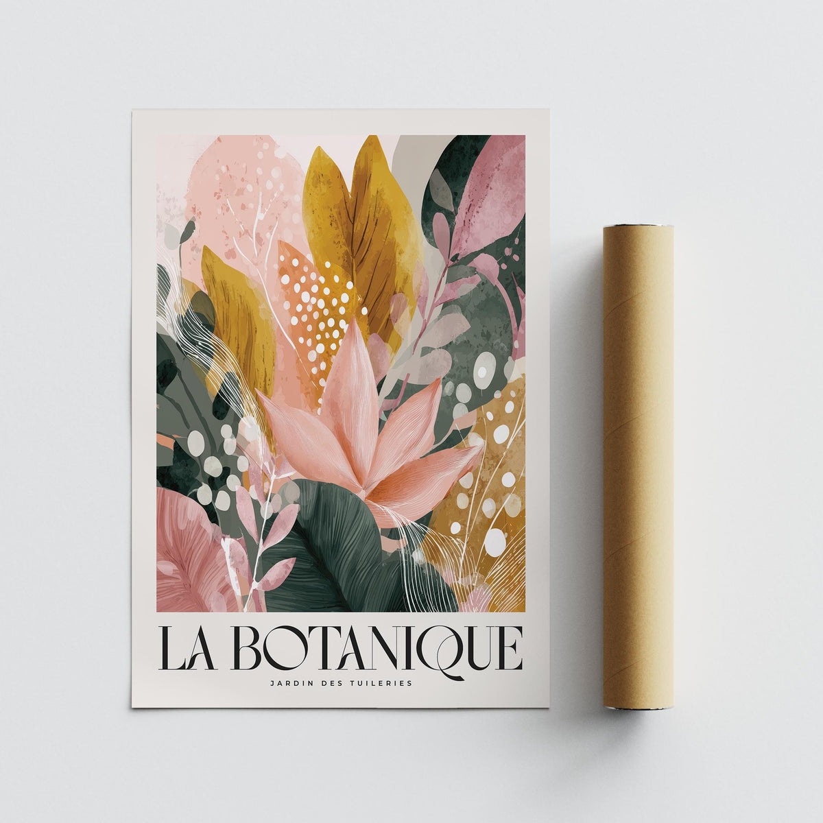 Flat print of flower prints with abstract botanical leaves in pink yellow and green beside a packaging tube