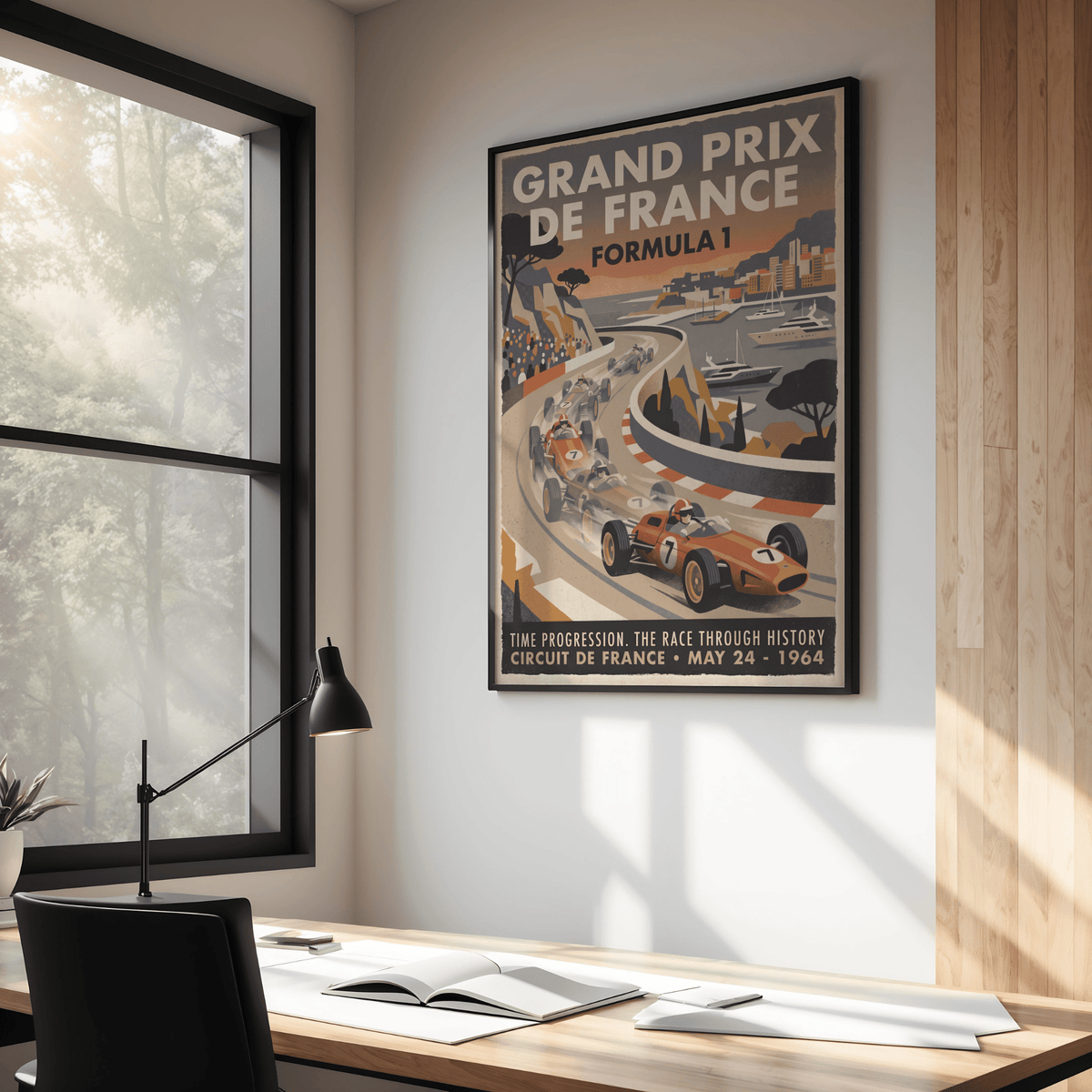 Classic racing poster with grandstands, winding road, and waterfront skyline