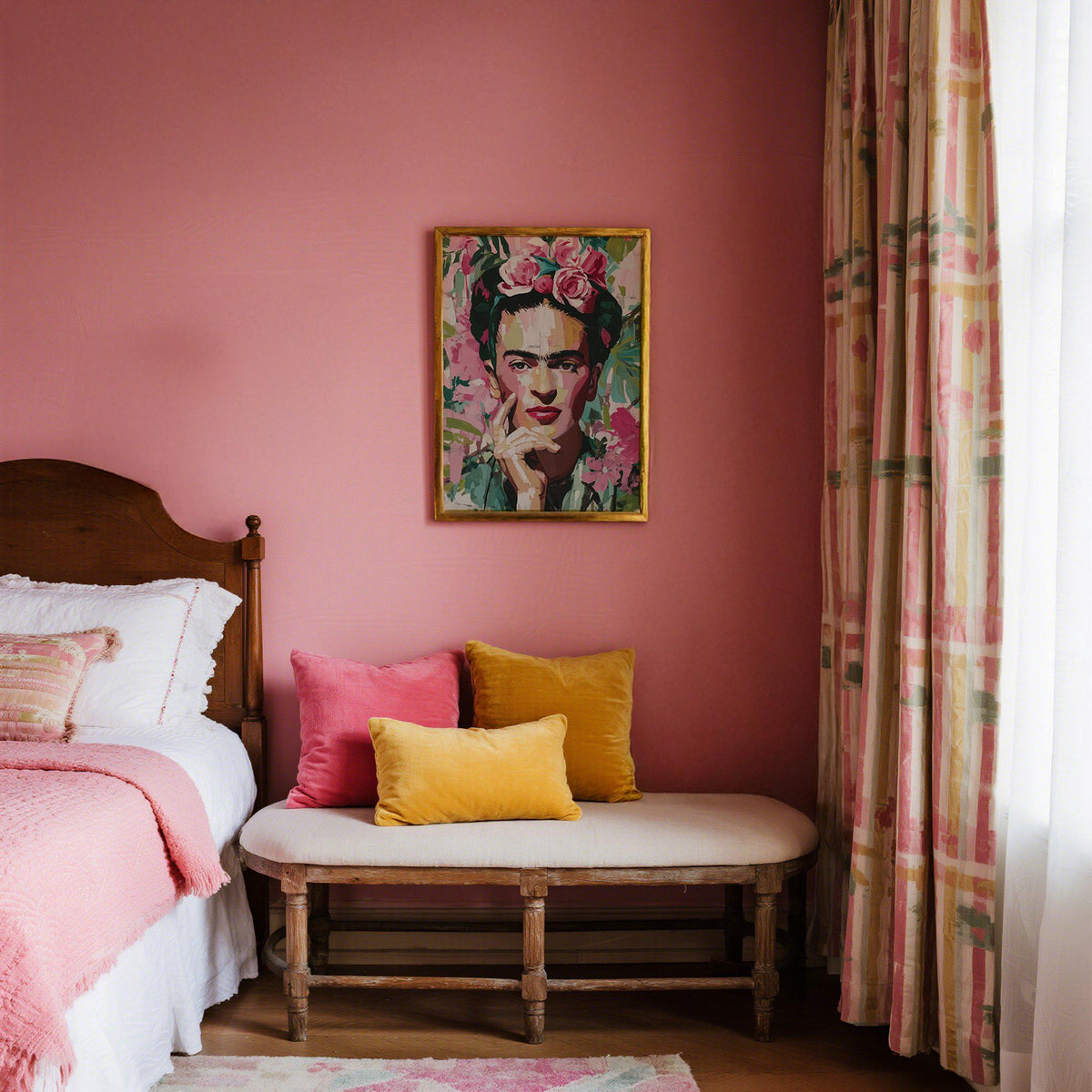 Wall Art Frida Kahlo print with floral headpiece in pink green and mustard hung above a bench in a pink bedroom