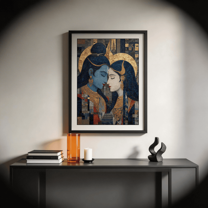 Pic Of Shiva And Parvati wall art framed on a wall with a side table and books below