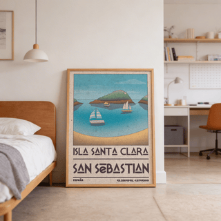 Island Vacation Poster print leaning on floor near a bed with a grey blanket and a pendant lamp