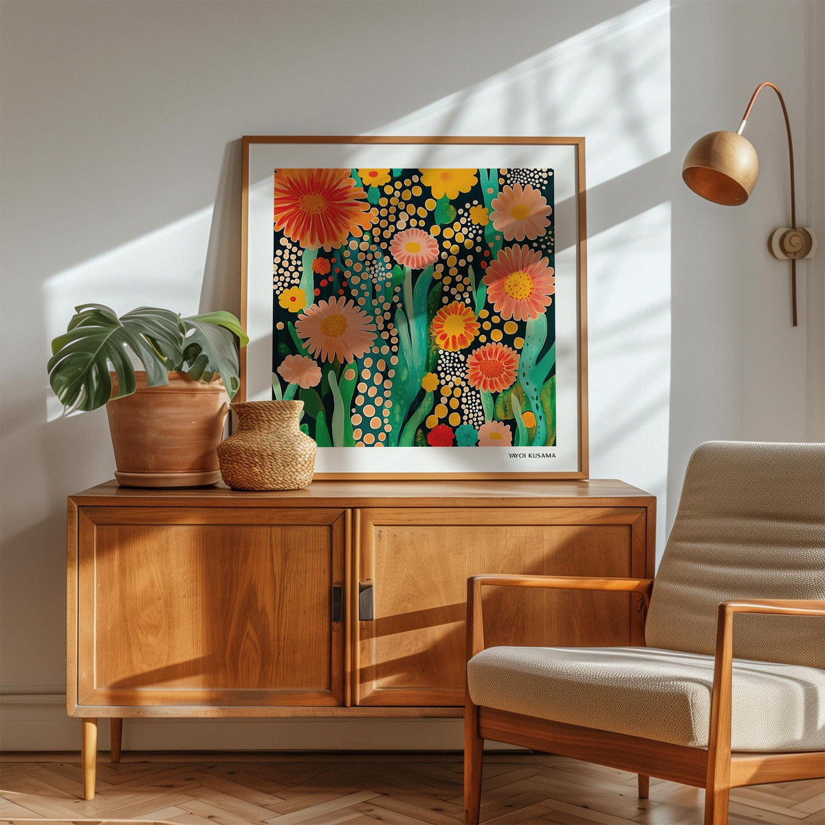 Flowers print leaning on a wooden sideboard with orange and pink flowers in a sunny corner with a chair and lamp