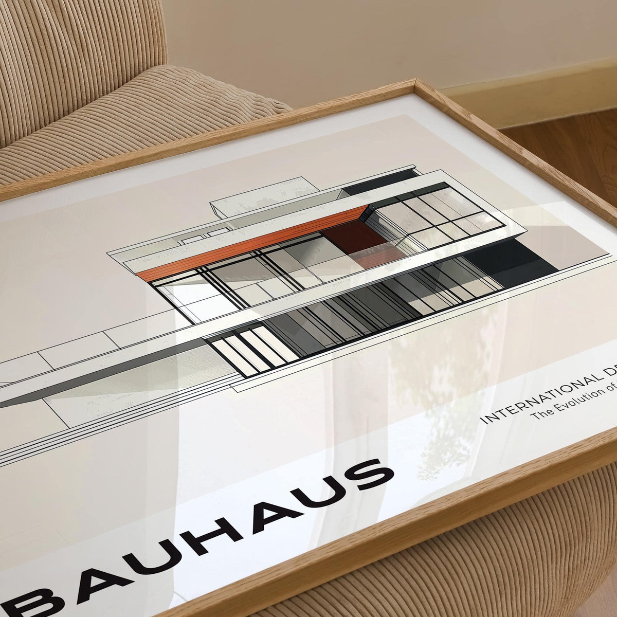 Close-up of Bauhaus Architecture Art Print featuring a minimalist modernist building on a beige chair