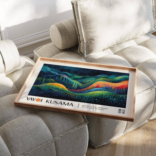 Print leaning on a beige cushioned chair with colourful abstract waves in blue green and orange