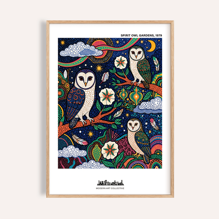 Framed Spiritual Garden Poster with barn owl trio in folk-art style and rich colours