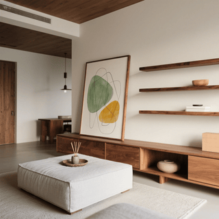 Abstract Watercolor Art print leaning on a wooden sideboard with abstract green and yellow shapes in a living room
