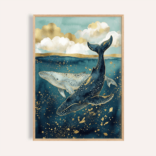 Framed Whale Wall Art featuring two whales underwater in dark blue and gold watercolour tones