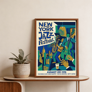 Jazz Music Poster leaning on a wooden table with a potted plant showing retro jazz musicians in blue and green