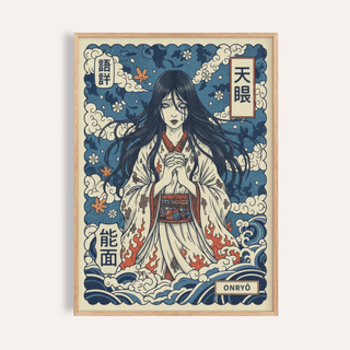 Framed Japanese Ghost Print of a spirit woman with blue and red tones in Japanese woodblock style