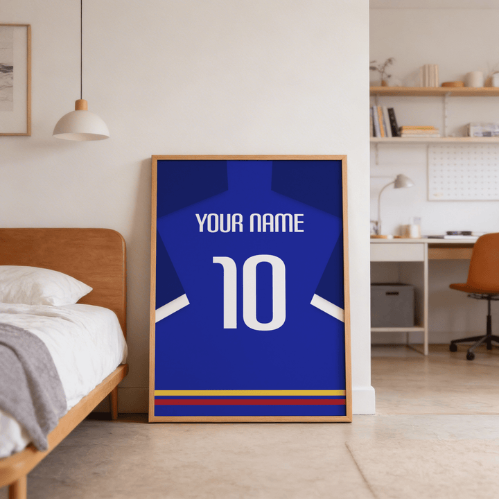 Football Shirt Poster in Blue with White Sleeve Stripe leaning on floor next to bed in bedroom