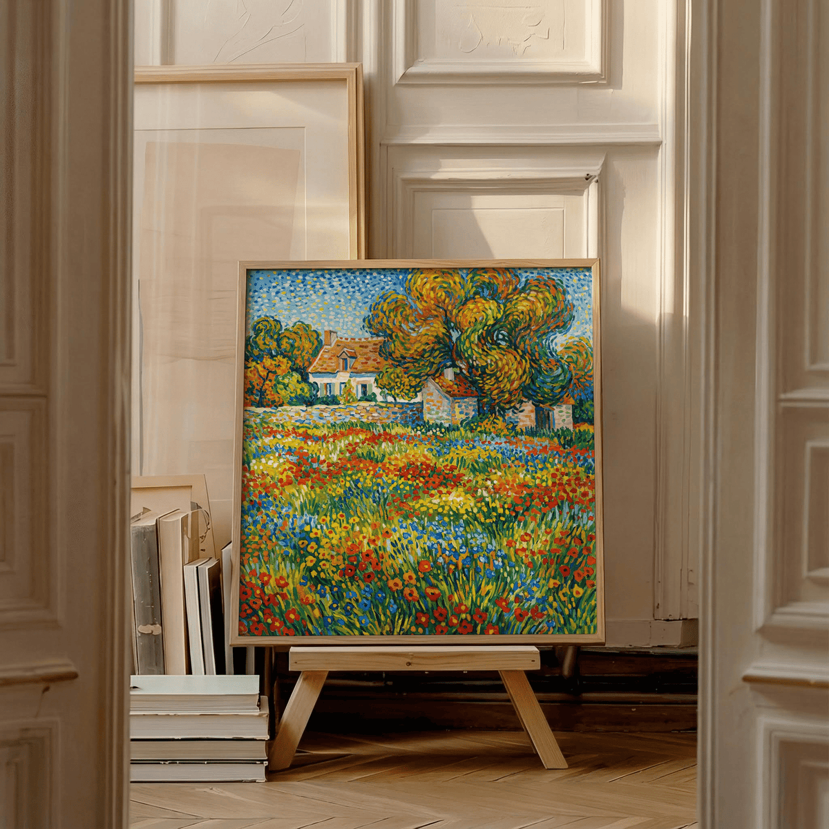 Print leaning on a wooden easel showing a flower meadow and houses in bright greens and yellows