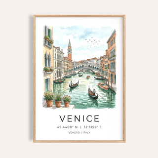 Framed Venice Italy Travel Wall Art with watercolour canal scene and gondolas