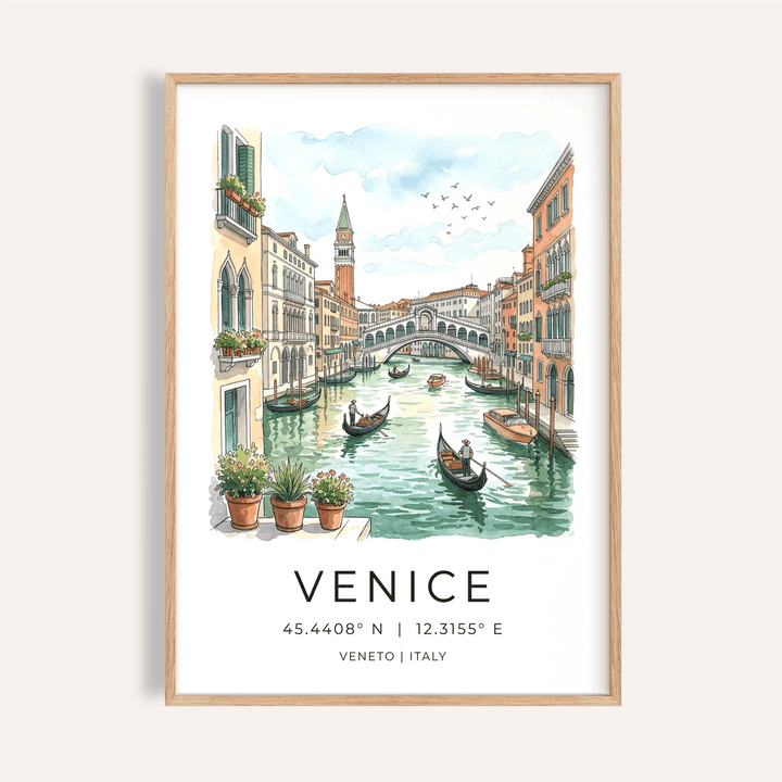 Framed Venice Italy Travel Wall Art with watercolour canal scene and gondolas