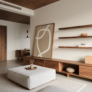 Minimalist Art Wall print leaning on a wooden media unit with a bowl in a neutral living room