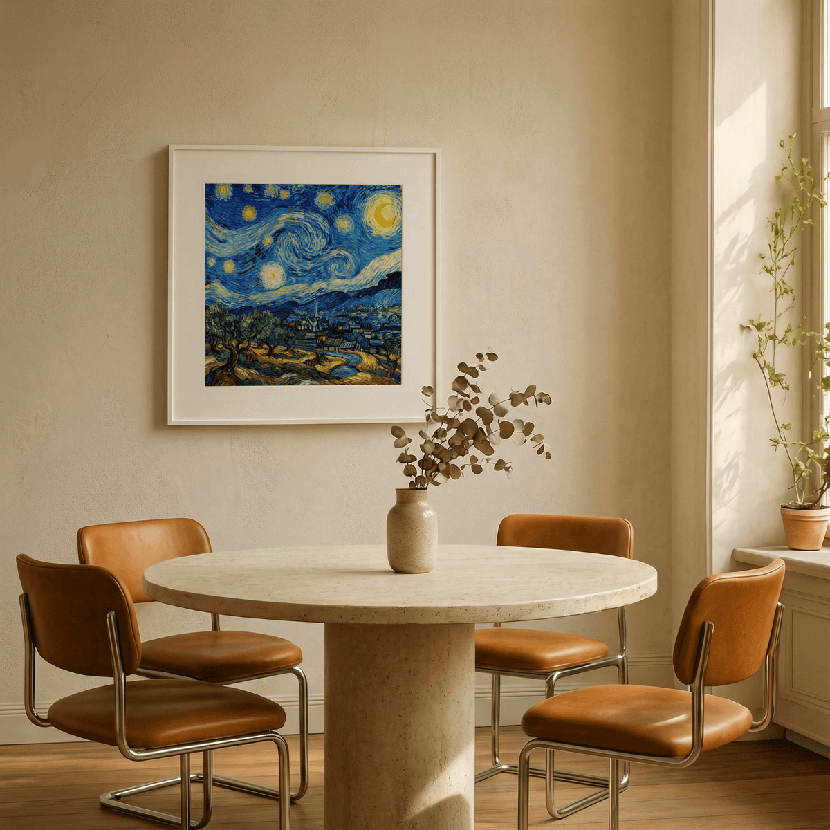 Starry Night Art Print framed with a white mount above a dining table with a plant vase