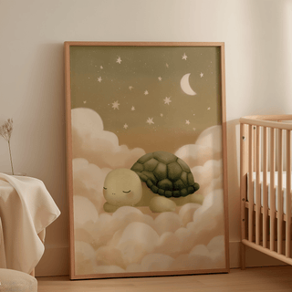 Print leaning on a shelf of sleeping turtle with green shell on clouds in a nursery