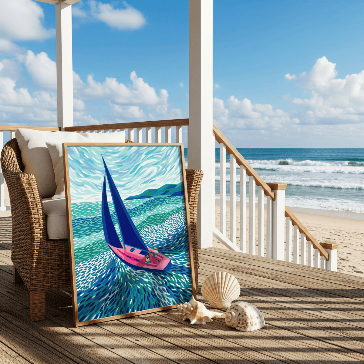 Sailboat Art Print leaning on a wicker chair beside seashells on a wooden deck with a beach view