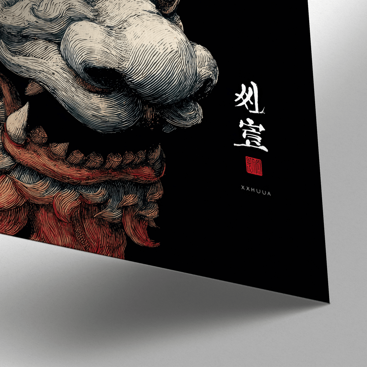 Shisa Print detail close-up of a shisa lion statue illustration in orange and grey tones on black background
