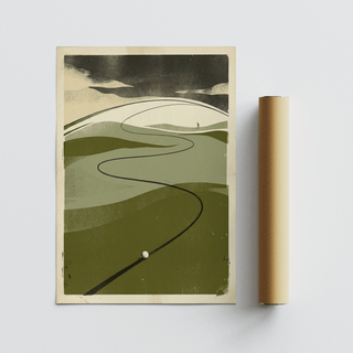 Golf Course Art Print rolled and unframed showing golf ball on winding green fairway with retro style