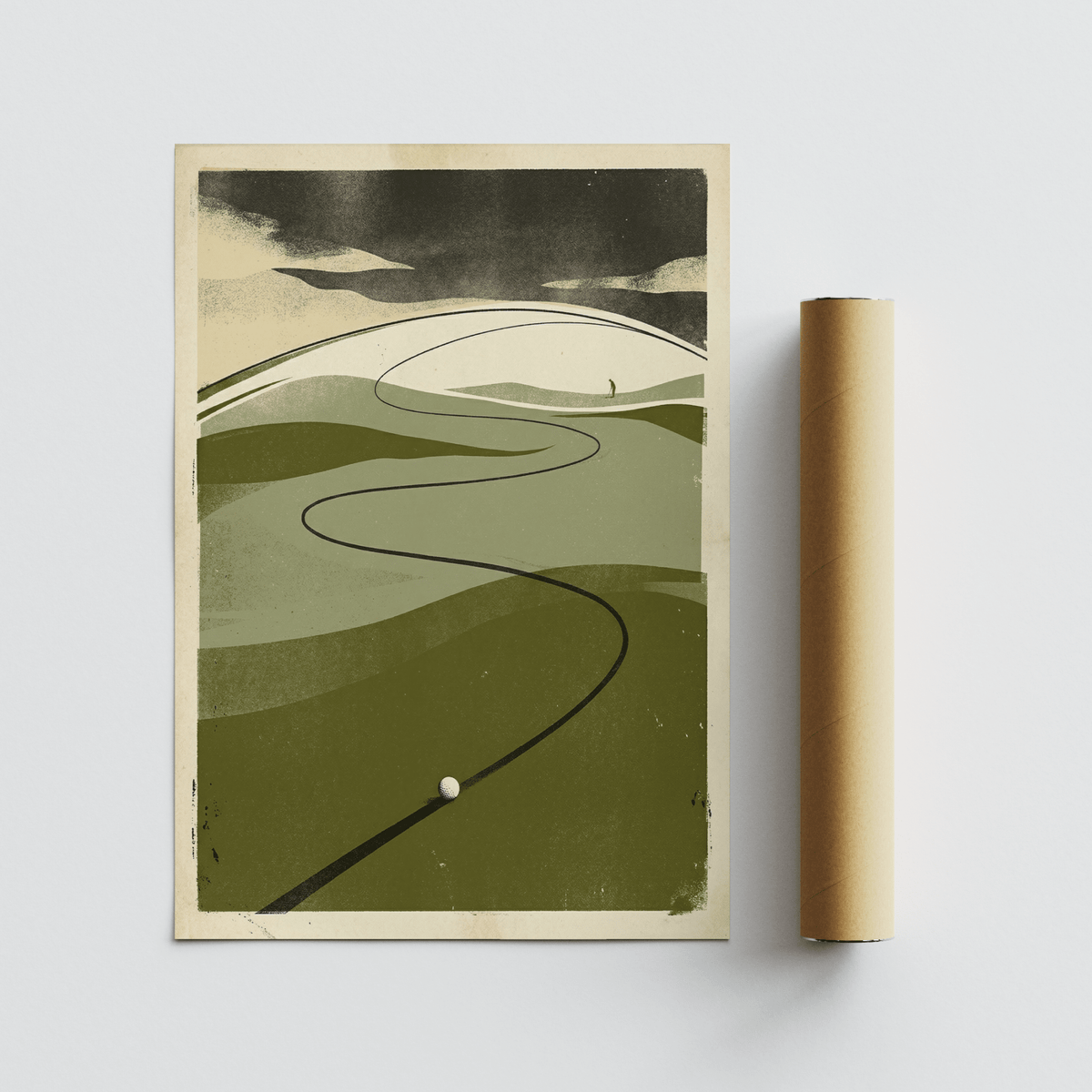 Golf Course Art Print rolled and unframed showing golf ball on winding green fairway with retro style