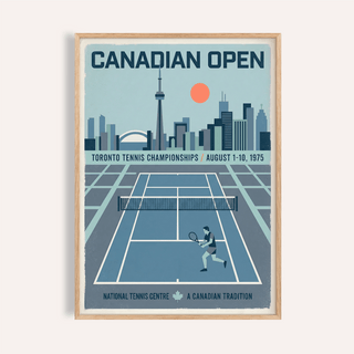 Framed Canadian Open Tennis Art Print of a tennis court and city skyline in blue and orange hues